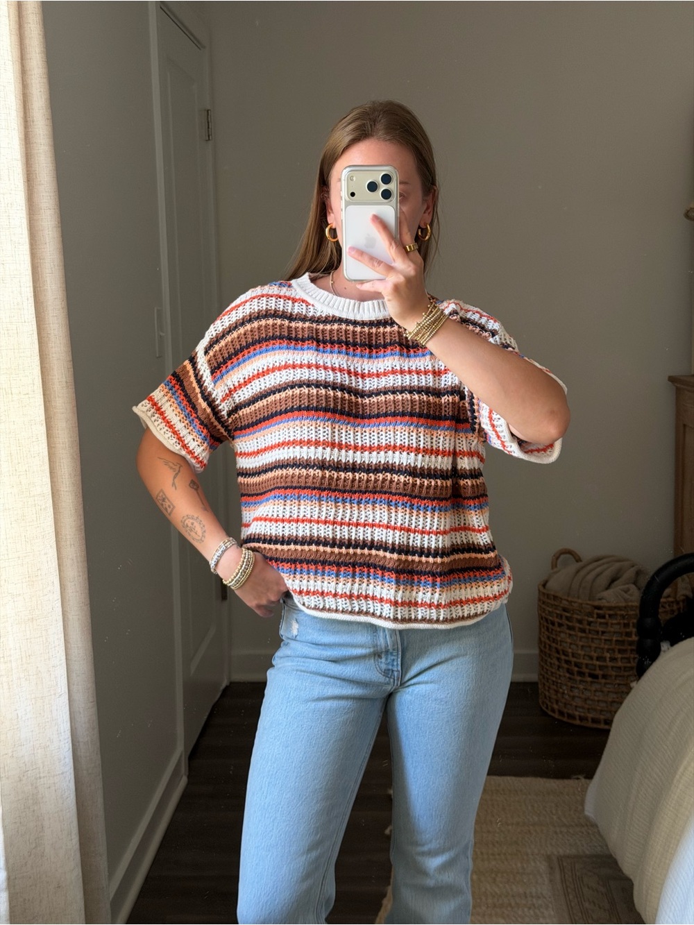 aerie Striped Short-Sleeve Knit Tee - Cream, Brown, Rust, Blue
